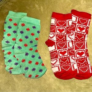 Two Pairs of Patterned Socks, Mint Asterisk Fireworks and Red Valentine Hearts
